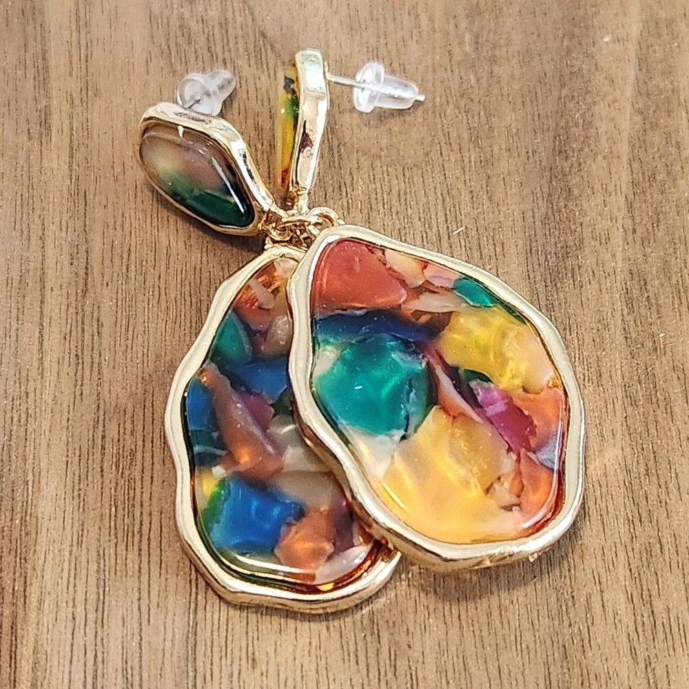 Multicolor Resin Mosaic Gold Tone Organic Shape Drop Dangle Earrings Statement